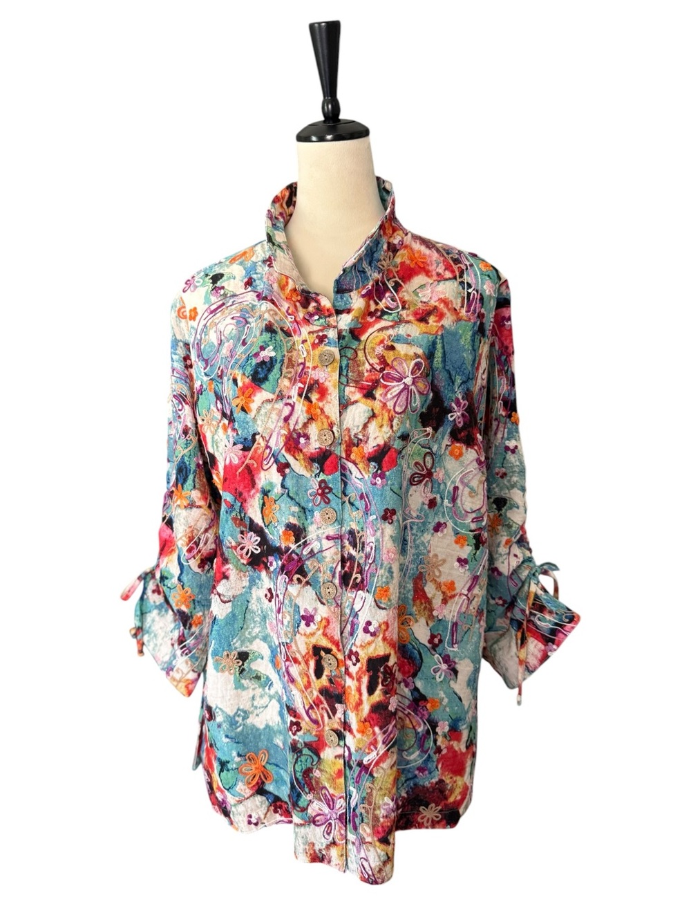 John Mark Colorful Embroidered Floral Paisley Button-Up Tunic Top Tie Cuffs Boho